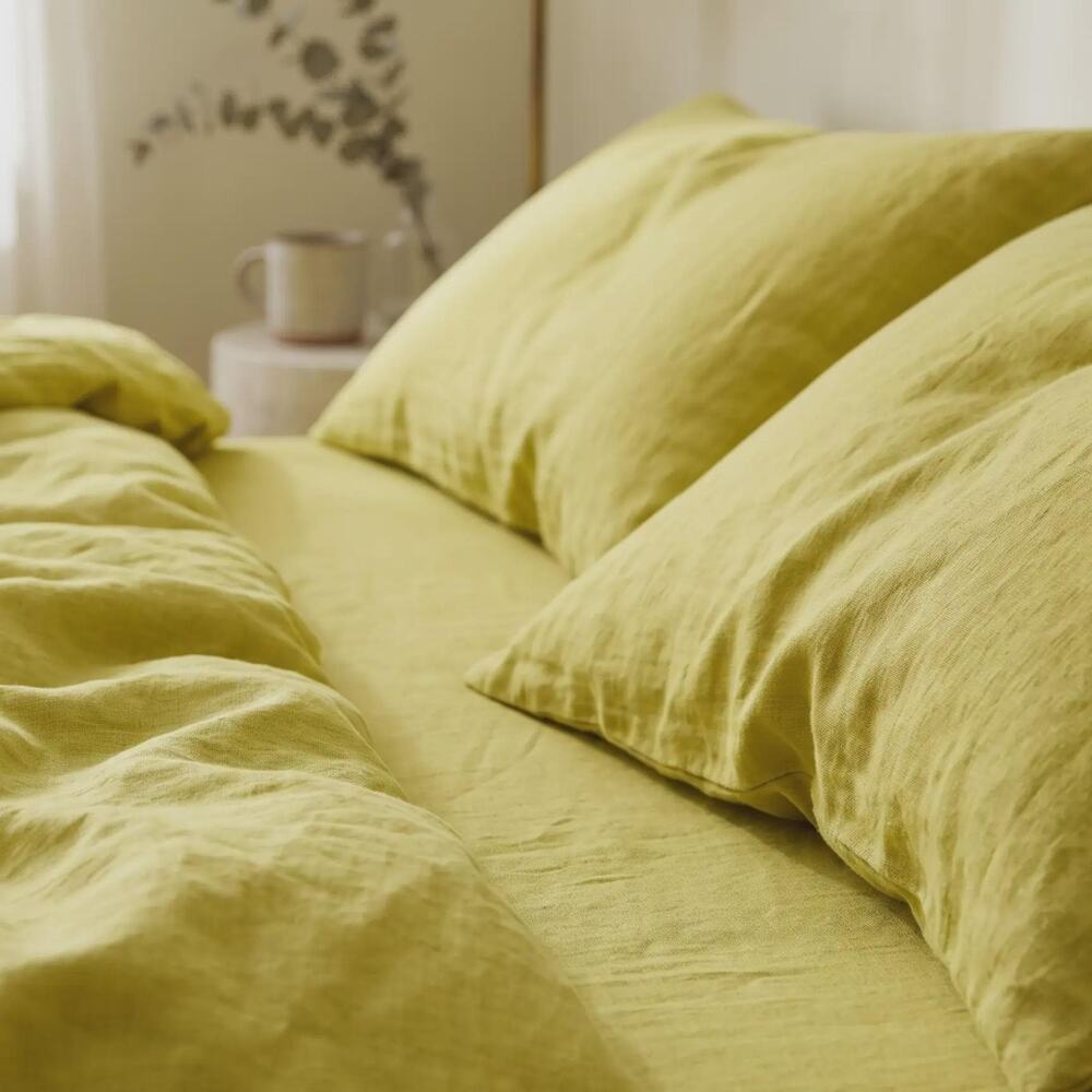 Linen Duvet Cover Set | Chartreuse Pear | Coconut Buttons | Handmade in Ukraine